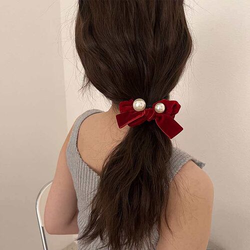 French Retro Velvet Pearl Bow Hair Ring Womens New Autumn a