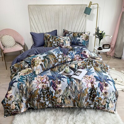 Multic color Leaf Birds print Bedding Set Luxury Egyptian Co