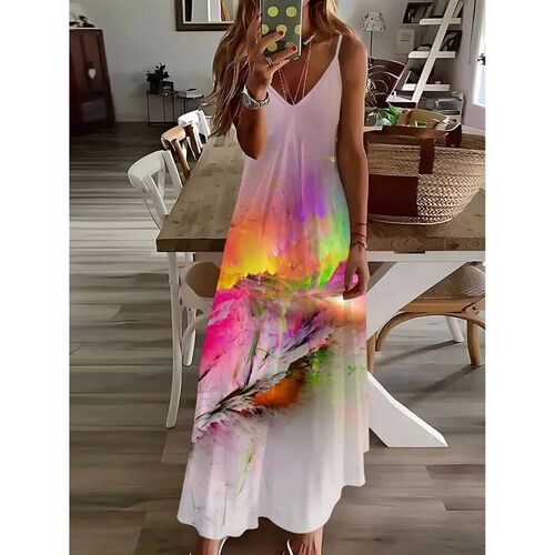 Womens Casual Loose V Neck Spaghetti Straps Elegant Floral