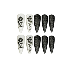 24PCS Fake Nails With Black Snake Dragon Decorations Long De