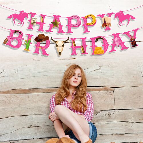Cartoon Cowboy Cowgirl Wild West HAPPY BIRTHDAY Party Wall H