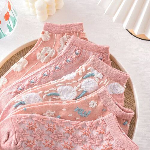 5 Pairs of Kawaii Cute Flower 3D Textured Ankle Socks - Vint