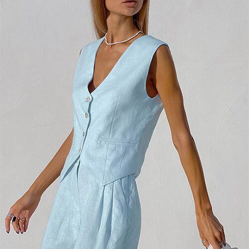 Linen Waistcoat Shorts Sets Women Elegant Sleeveless Single