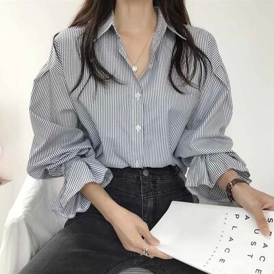 Women Shirts Striped Loose Blouses Puff Sleeve Female ops Lo