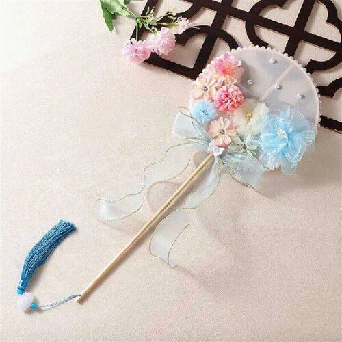 Chinese Long Handle Round Fans Fabric Flower Butterfly