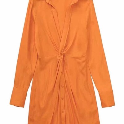 Women Dresses Fashion Front Buttons Gathered Satin Wrap Mini