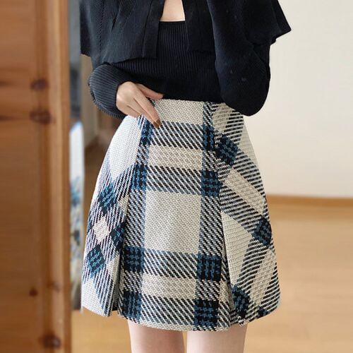 Kuzuwata High Waist Slim Contrast Color Plaid Mini Skirt Kaw