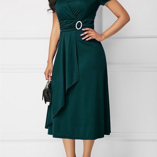 Women High Waist Plain Asymmetric Midi Dress Elegant Fashion