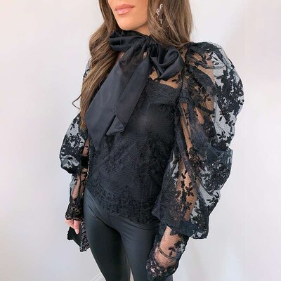 Womens lace embroidered bow long sleeve mesh hollowed-out b