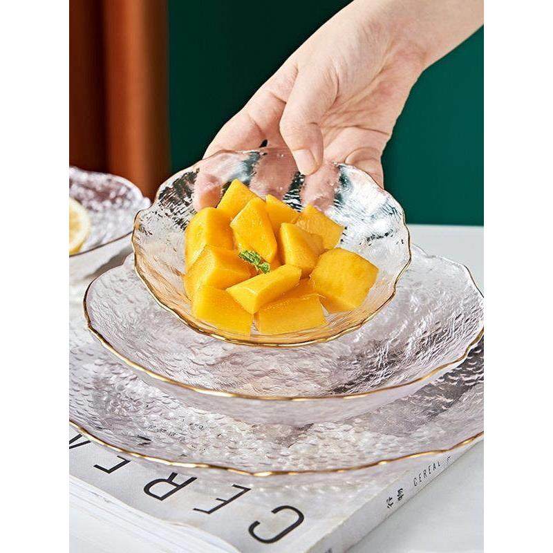 日式锤纹金边玻璃碗家用水果盘精致小盘透明碗碟套装,餐饮具,盘,淘宝优惠券,粉丝福利购,淘宝优惠卷