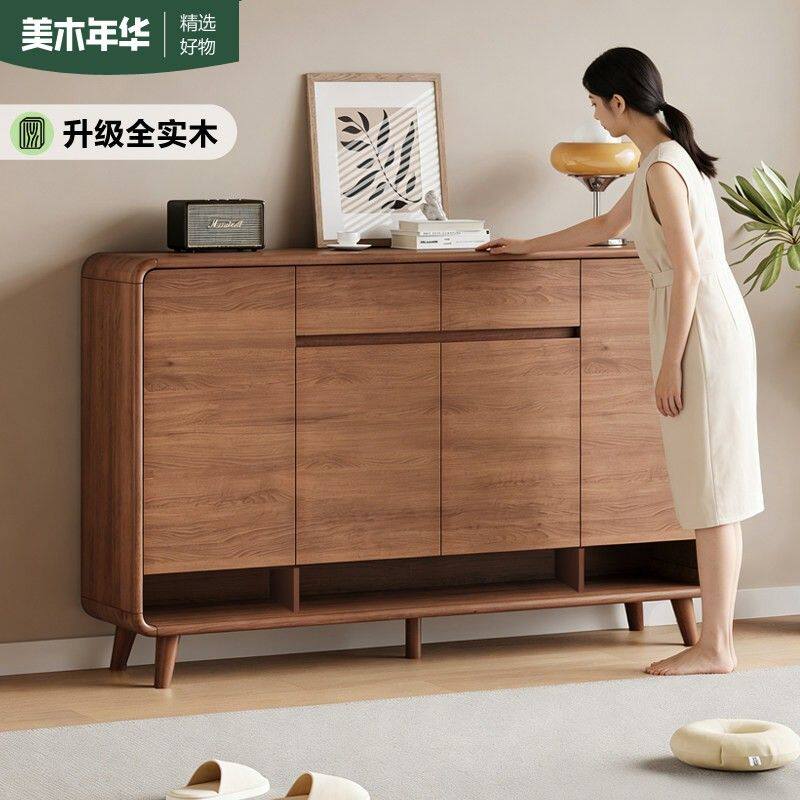 实木鞋柜家用门口大容量入户玄关柜一体靠墙胡桃色新中式收纳柜子