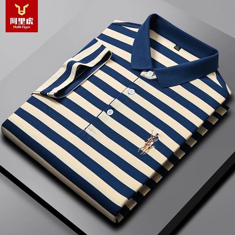 保罗马横条纹polo衫男短袖t恤海魂衫马标刺绣翻领棉商务爸爸夏装