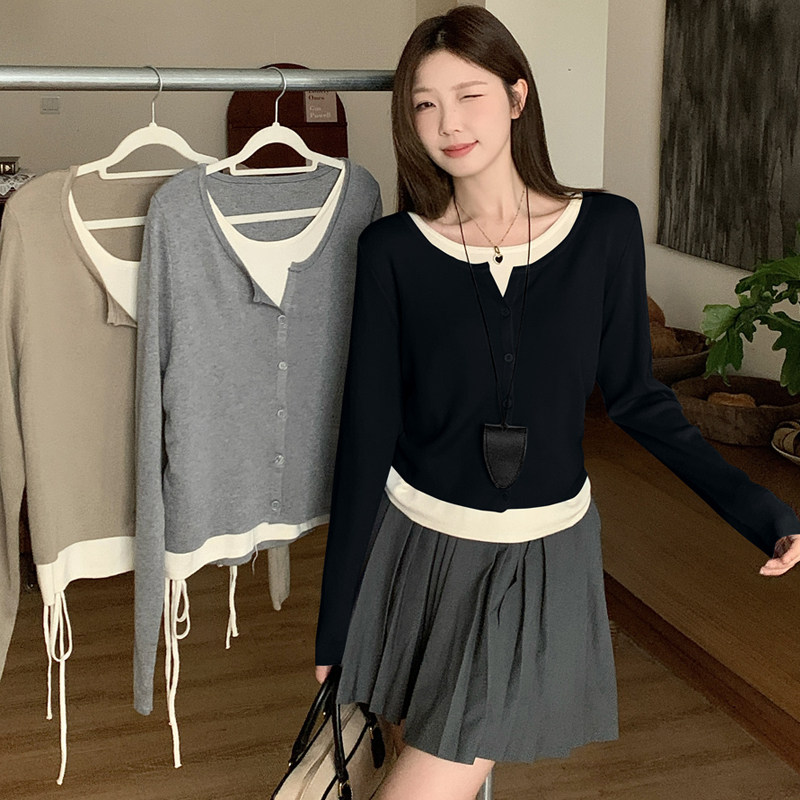 实拍~秋冬新款大码长袖针织衫收腰显瘦假两件毛衣撞色抽绳百搭T恤,女装/女士精品,大码内搭,淘宝优惠券,粉丝福利购,淘宝优惠卷