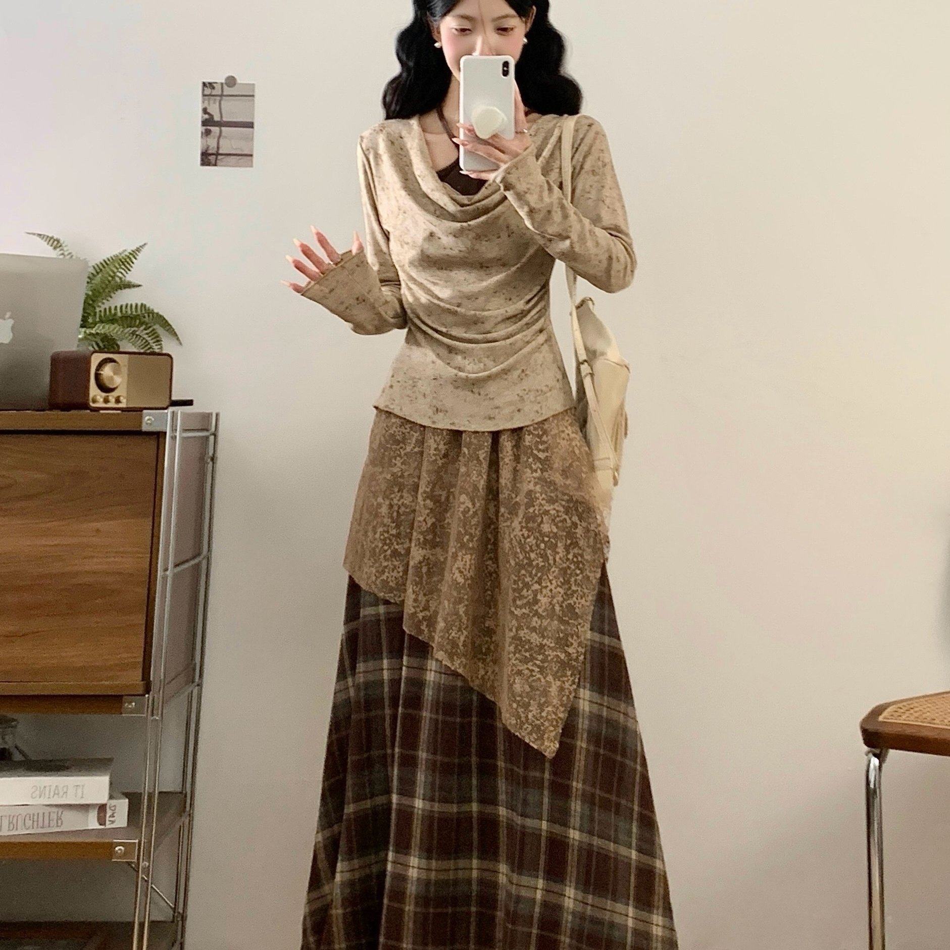 实拍时尚套装女2025秋季新款堆堆领长袖上衣吊带连衣裙内搭两件套