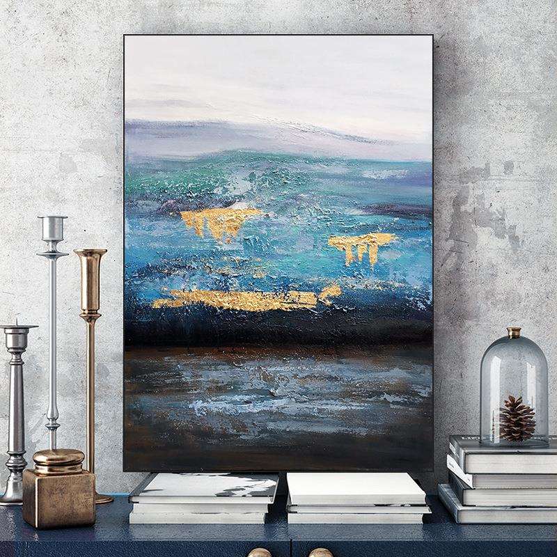 手绘油画《蔚蓝》客厅抽象画装饰画玄关挂画现代简约竖版手工壁画