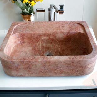 复古法式天然红洞石大理石酒店别墅阳台花园户外洗漱洗手脸盆水池