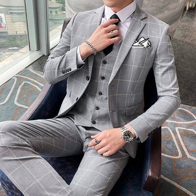 Blue Mens Classic Striped/Checked  Piece Suit Slim Fit