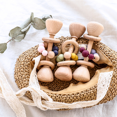 1pc Baby Toys Beech Wooden Rattle Hand Bells Toys Of Newbron