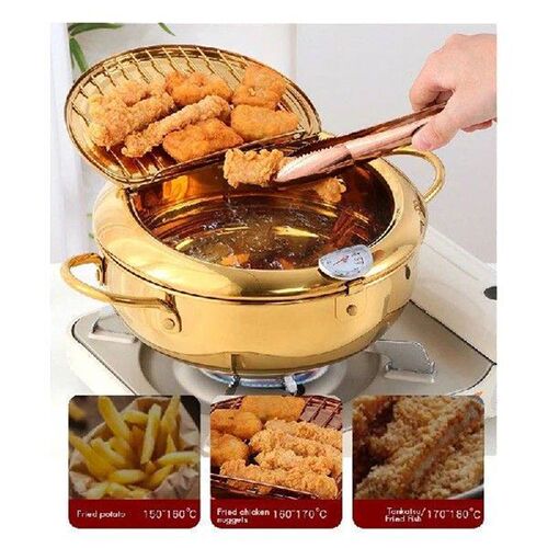 Stainless Steel Frying Pot With A Thermometer And A Lid