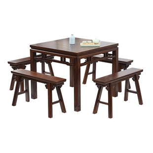 老榆木八仙桌仿古长条凳全实木正方形餐桌椅明清古典茶桌中式方台