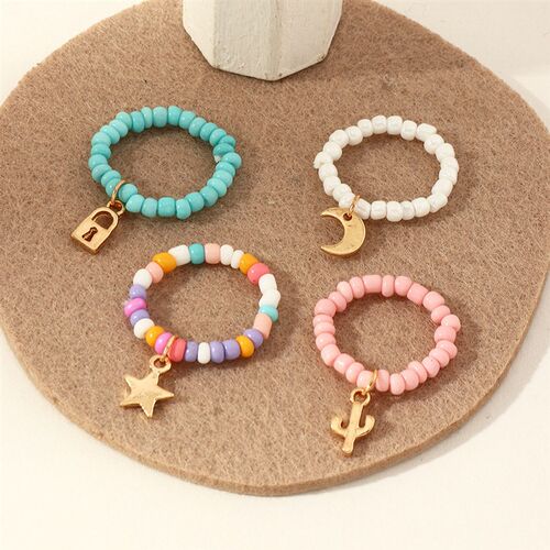 4Pcs/set Boho Colorful Rice Beads Rings Set For Women Elasti