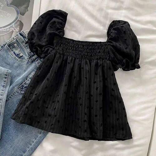 Blouses Women Vintage Black Chic Summer Puff Sleeve Loose Si