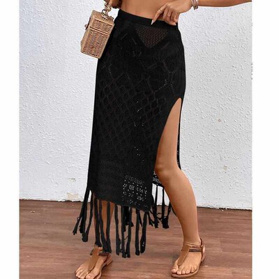 Women Knitted Texture Sarong Skirts Sexy High Slit Tassel ve