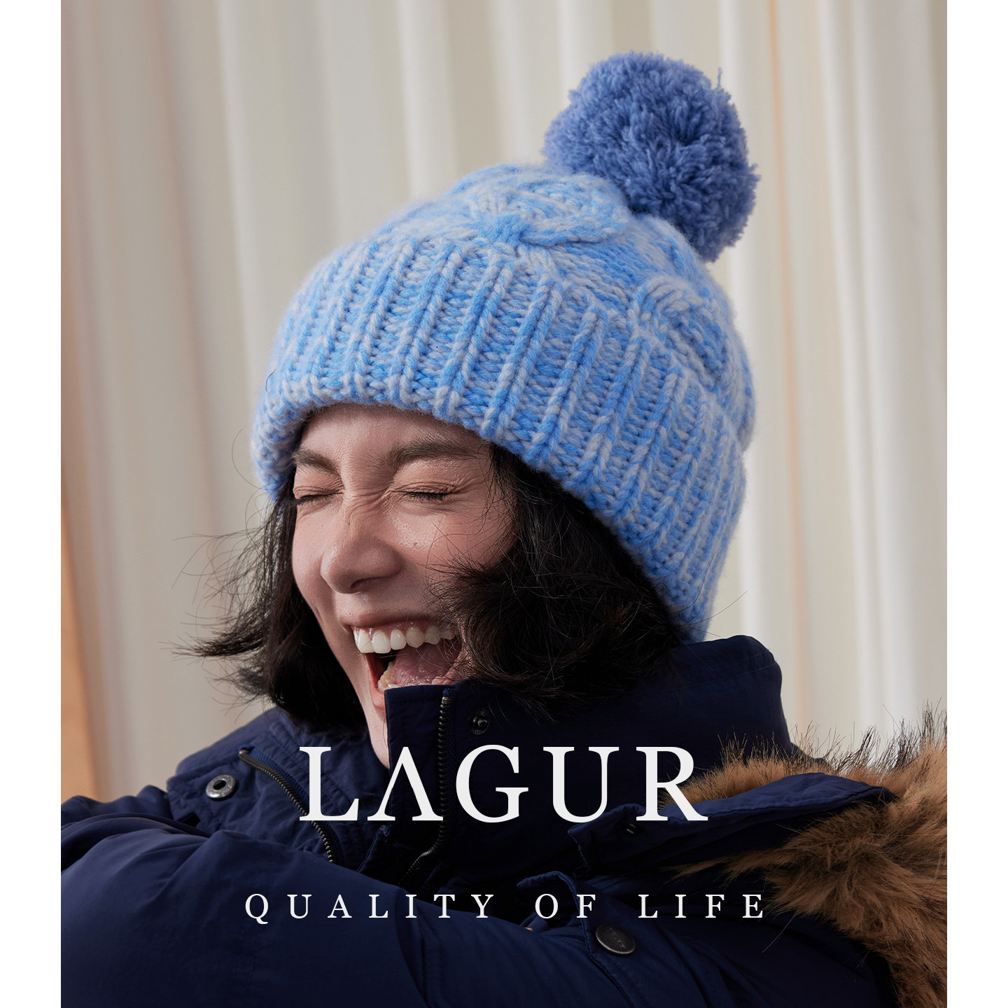 Lagur牧场晨光100%羊毛超厚粗针针织帽可爱毛球毛线帽女绒线帽子