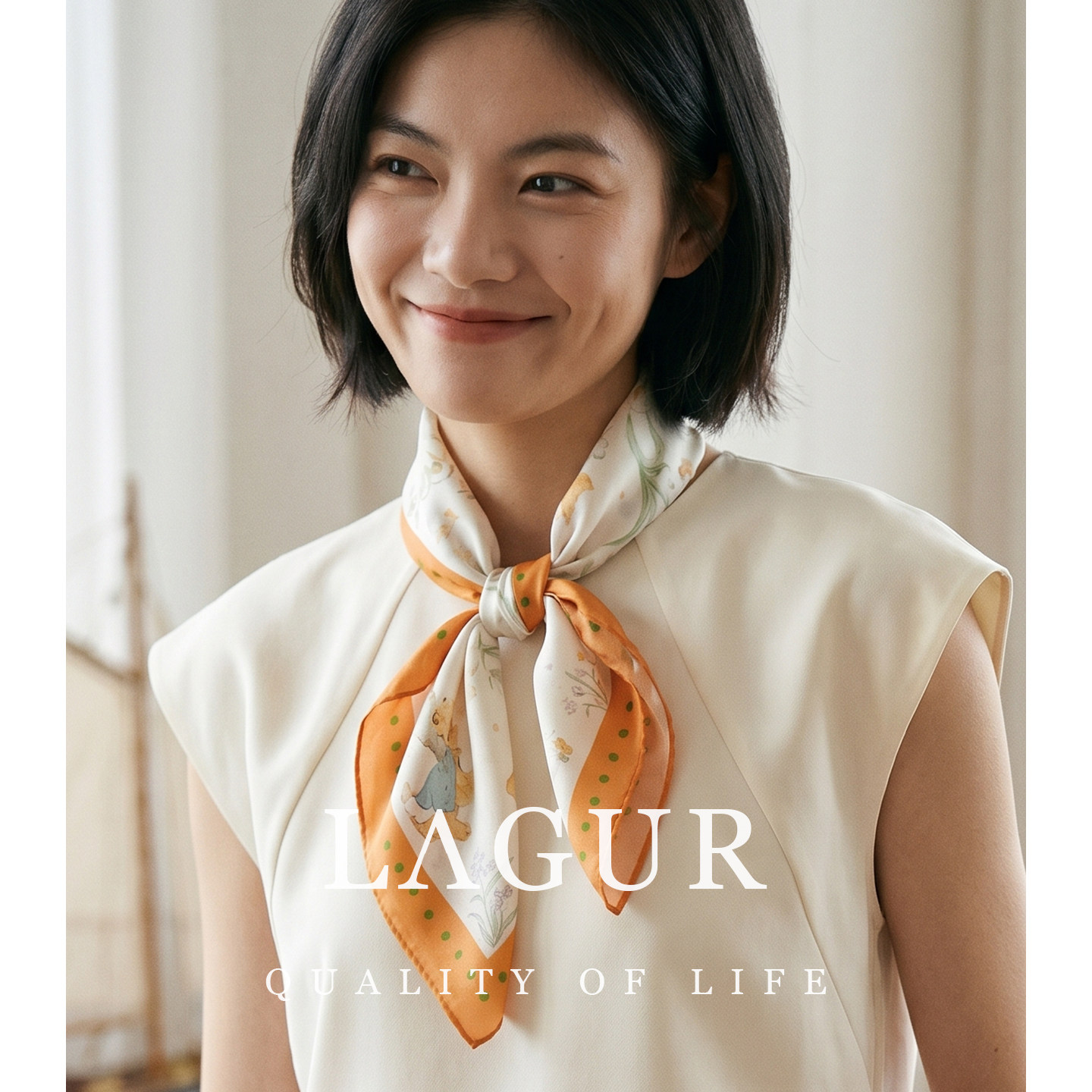 Lagur“口袋里的春日”100%双绉真丝方巾丝巾围巾小兔波点小领巾