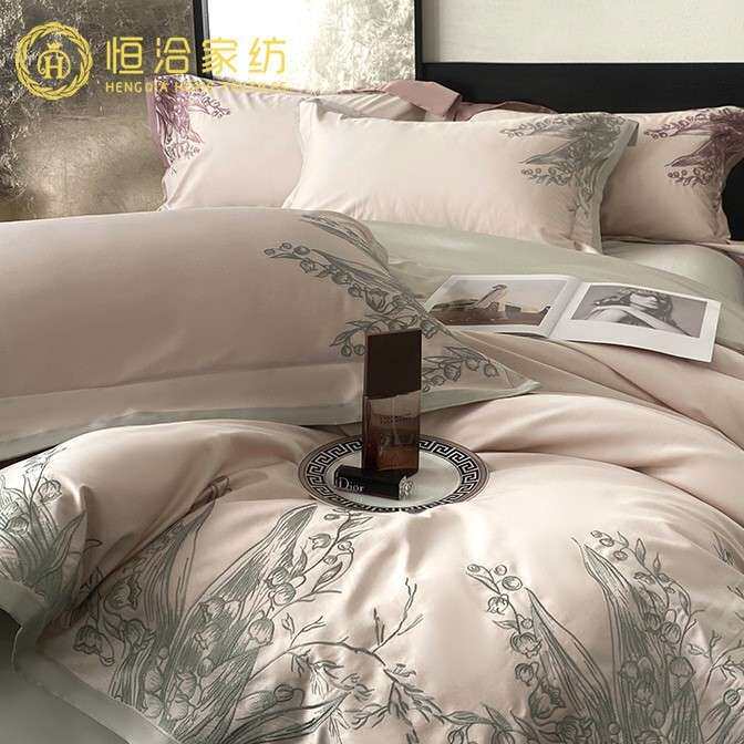 清新铃兰花全棉四件套唯美轻奢风刺绣纯棉被套床单床上用品绿粉色