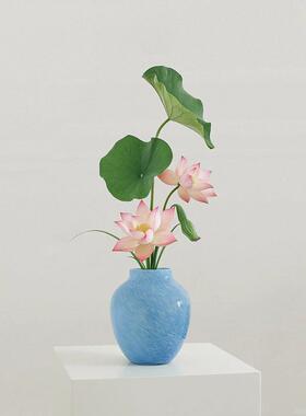 浅蓝色大肚厅玻花瓶摆件高级感中装古客餐桌插花饰花器轻HC25-03