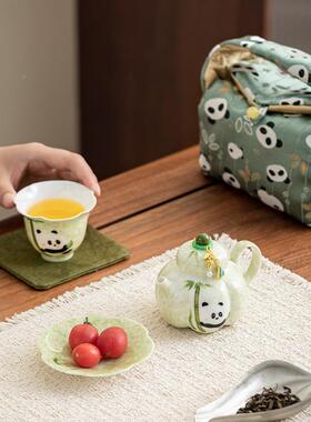 手陶绘熊猫瓷茶具小套组茶家壶茶CYG25831杯便携收纳包用公室露营