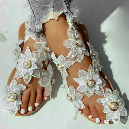 2025 Sandals Floral Flat Beach Pearl Fashion Women