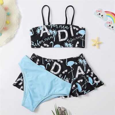 3pack Girl Swimsuit Kids with Beach Skirt Flamingo&Letter Pr