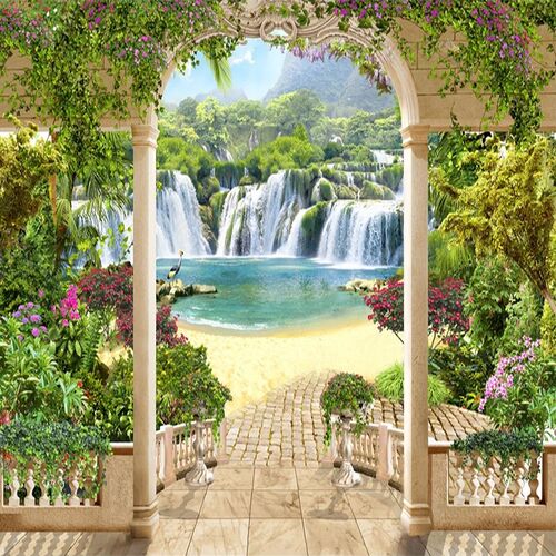 Custom 3D Photo Wallpaper Garden Balcony Waterfall Landscape