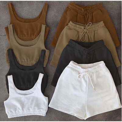 Casual Solid Shorts Sets Ladies Clothes Crop Top 2 Piece And