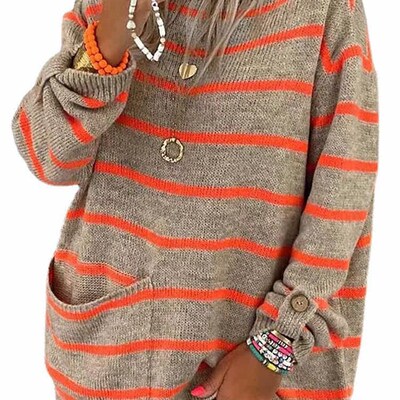 Women O-Neck Long Sleeve Striped Pocket Knitted Sweaters