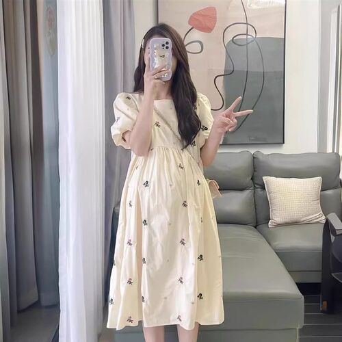 Maternity Dress 2024 Fashionable French Puff Sleeve Floral S