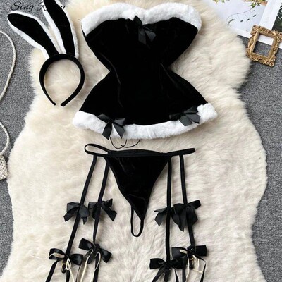 SINGREINY Cosplay Rabbit Maid Sexy Nightwear Halter Splice F