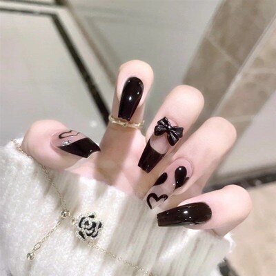 24pcs Long Press On Nails Cute Black Bow Design Fake Nails F