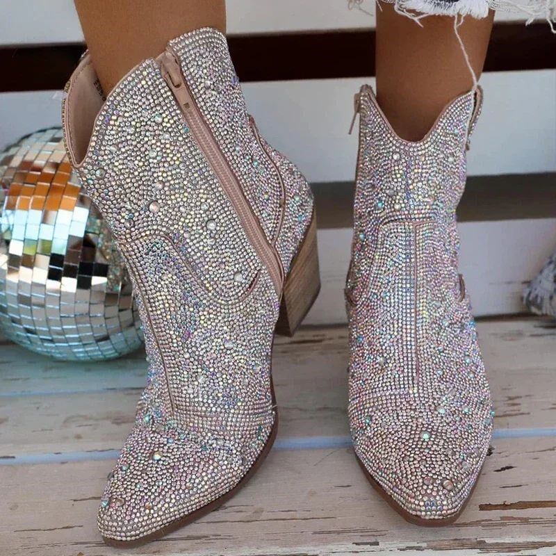 Western Cowboy Boots Fashion Women Ankle Boots Glitter Bling图片