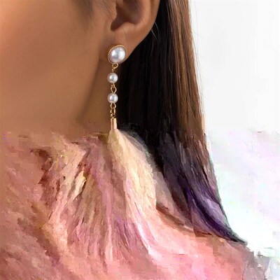 IngeSight.Z Exaggerated White Feather Pearl Tassel Drop Earr