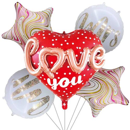 5 Pcs/Set Round Heart Foil Balloons with HAPPY LOVE Letters