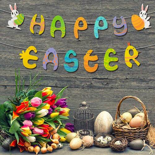 Easter Banner Cute Bunny Rabbit Eggs Banner Hanging Garland