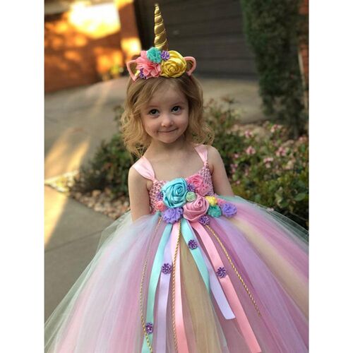 Girls Pastel Unicorn Flower Tutu Dress Kids Crochet Tulle St