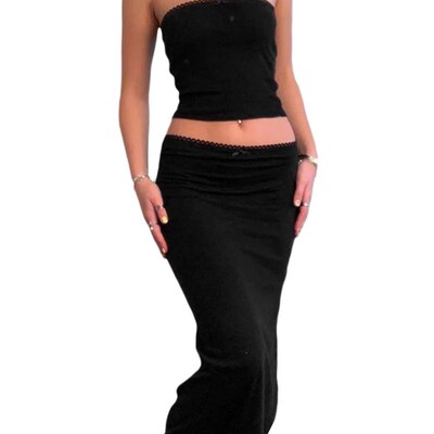 Two Piece Skirt Set Women Sexy Maxi Skirt Set Y2K Crop Tube