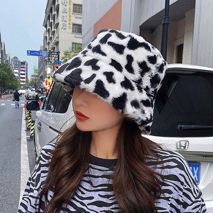 Autumn Winter Panama Hat for Women Faux Fur Bucket Hats Cow