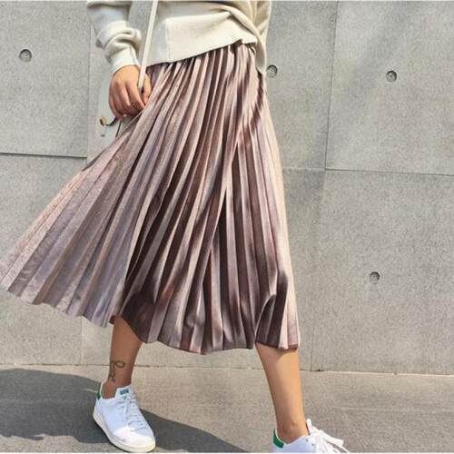 Spring 2020 Women Long Metallic Silver Maxi Pleated Skirt Mi