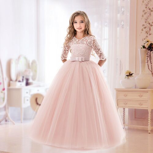 Elegant Princess Lace Dress Kids Flower Embroidery Dresses F