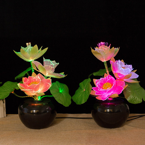 佛前花供奉光纤LED三品莲花灯佛供灯七彩变光荷花佛灯感应灯盆景